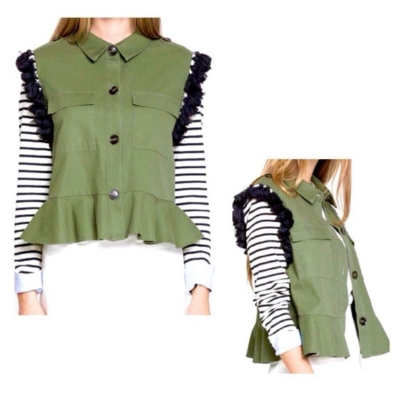 English Factory Jackets & Blazers - English Factory army green jacket with striped sleeves and black tassels NWOT